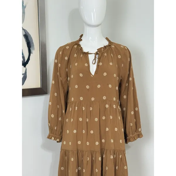 Madewell Women’s Brown Floral Tiered Mini Dress Long Sleeve Peasant Boho Size M - Image 3