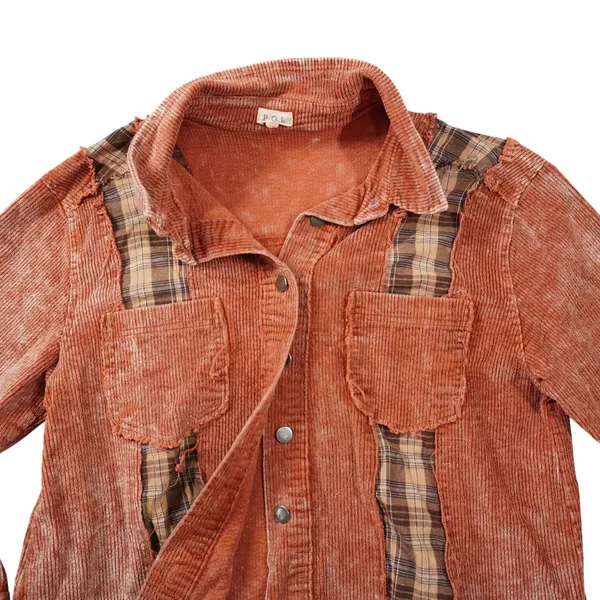 POL Large Corduroy Plaid Mixed Media Shacket Rust Orange Distressed Boho Country - Image 2