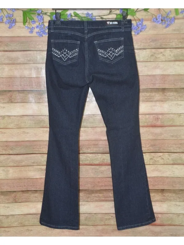 BE-GIRL Stretch Jeans Size 9/10 Dark Wash Boot Cut Embellished Pockets Butt Lift - Image 4