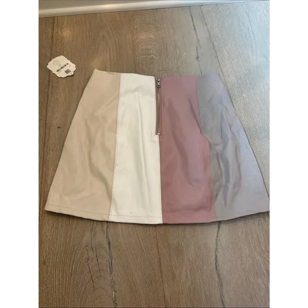 Altar'd State Pink Beige Color block Stripe Vegan Leather Mini Skirt Sz LARGE - Image 4