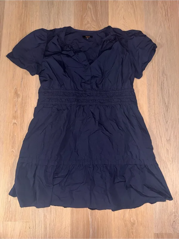 Quince $140 100% Organic Cotton Poplin Tiered Mini Dress Navy Blue - Size XL - Image 2