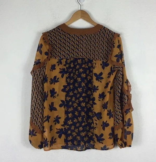 Cabi Harmony Gold Navy Ruffle Floral Peasant Semi Sheer Blouse Top XS - Image 14