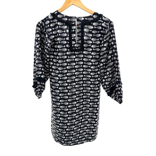 Tuckernuck‎ Piscis Catalans Fish Print Coverup Tunic Dress XS Black White Fringe - Image 7