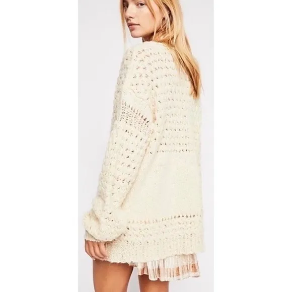 FREE PEOPLE Crashing Waves Scoop Neck Sweater Solid Cream Pullover Knit Small - Image 7