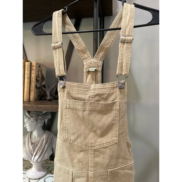 Aerie Werk and Play Denim Short Overalls TAN KHAKI Womens Size XS - Image 4