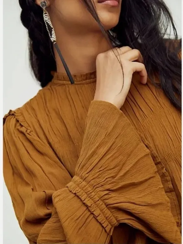 Free People Kelsey Top Size Large Ginger Snap Bell Sleeve Pleated Ruffle Boho - Image 2