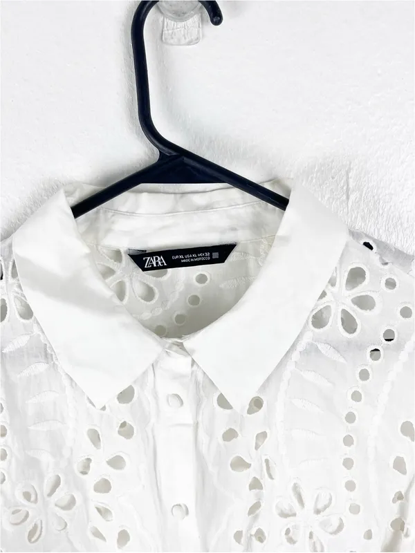 ZARA 100% Cotton White Eyelet Button Long Puff Sleeves Crop Top XL Boho Neutral - Image 4