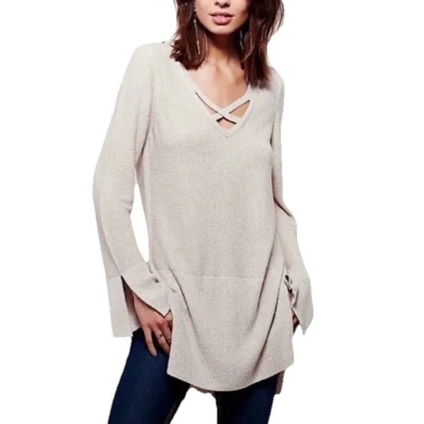 Free People Sweater Criss Cross Tunic V-Neck Long Sleeve Cream Size L - Image 10