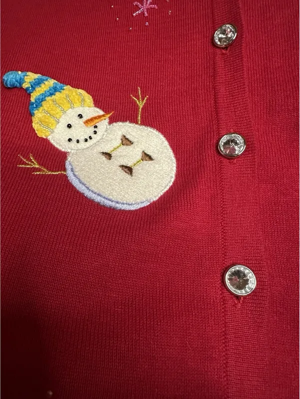 Berek Red Snowman Christmas Holiday Button Up Cardigan Sweater Womens Lg - Image 3