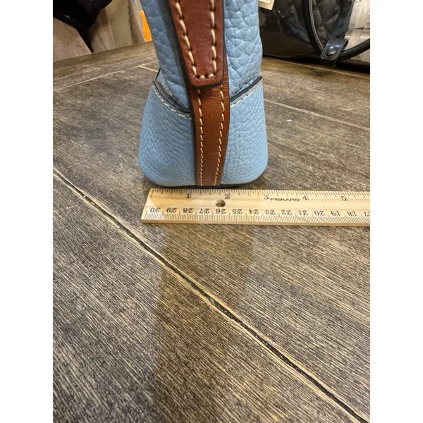 light blue Dooney & Bourke Pebble Grain Mini Domed Crossbody Brown Leather Trim - Image 14