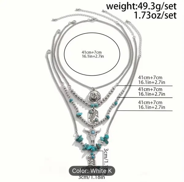 Women’s Bohemian Faux Turquoise & Silver Layered Pendant 4 Pc Necklace Set - Image 6