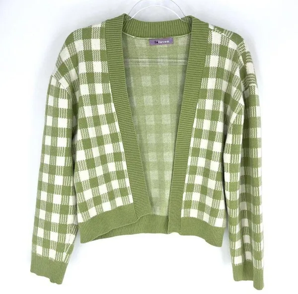 Lalavon Coordinated Set Checkered Crop Knit Sweater Set Green White Size Small - Image 2