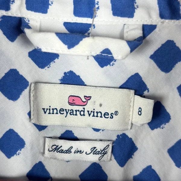 Vineyard Vines Shirt Dress 8 Blue White Block Print Sleeveless Made in Italy - Image 3