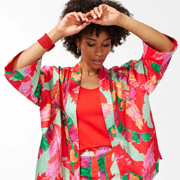 Chicos Womens Red Tropical Floral Satin Kimono Jacket Lined L/XL - Image 3