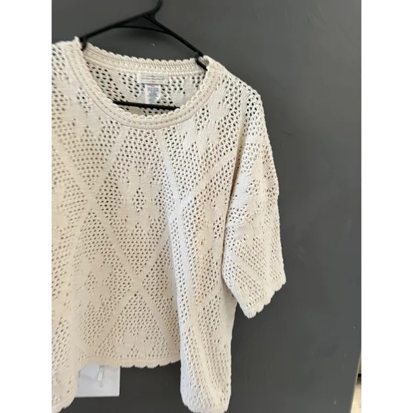 Yarnworks Vintage 90s Large Cream Cotton Open Knit Diamond Pointelle Sweater USA - Image 2