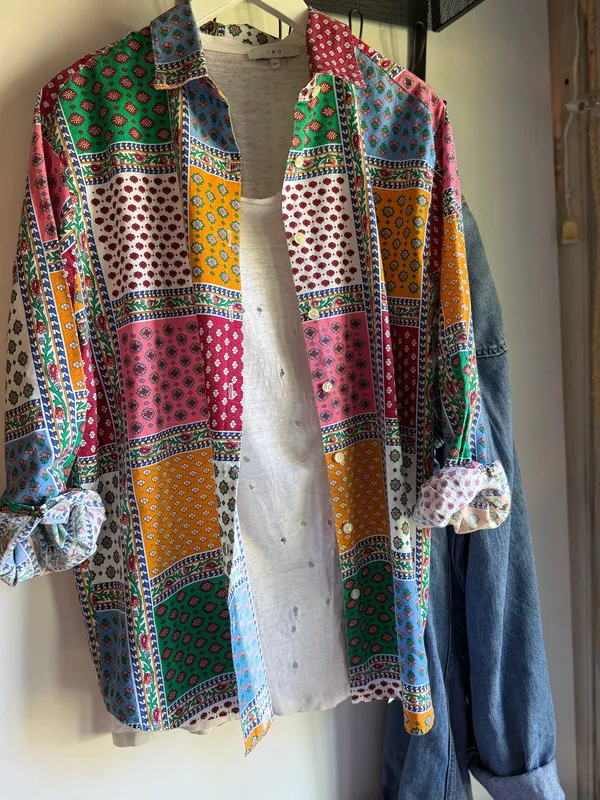 Sarah Chapman Patchwork Print Button Front Shirt Size Large Made in USA - Image 2