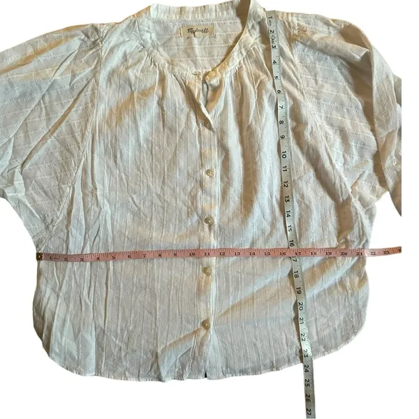 Madewell White Button Front Blouse Silver Metallic Stripe Size Medium - Image 4