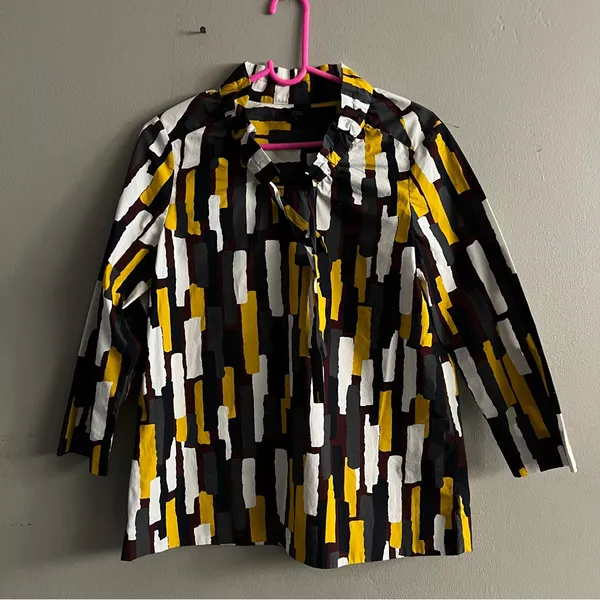 COS Multicolor Geometric Print Long Sleeve Ruffle Tie Neck Relaxed Blouse EU 36 - Image 2
