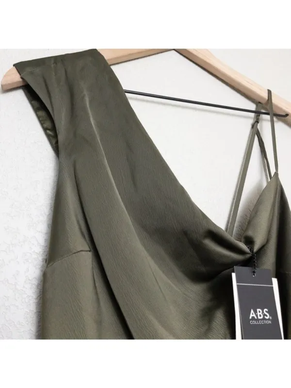 NWT ABS Allen Schwartz Everly Satin Drape Dress 2 Olive Green Slit One Shoulder - Image 8