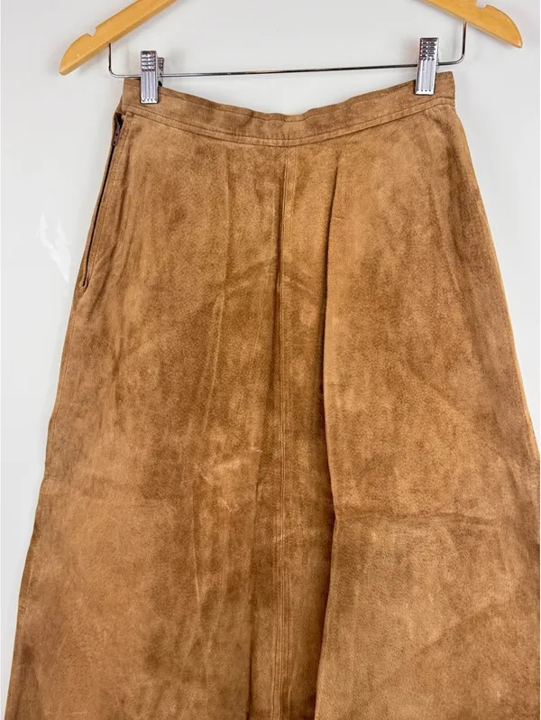 Vintage 80s Brown Suede Leather Maxi Skirt Western Boho A-Line Hook Too Sz 8 - Image 8