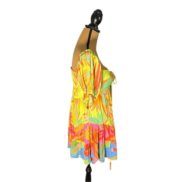Farm Rio Tropical Print Puff Sleave Mini Dress XS Resort Vacation Sundress - Image 2