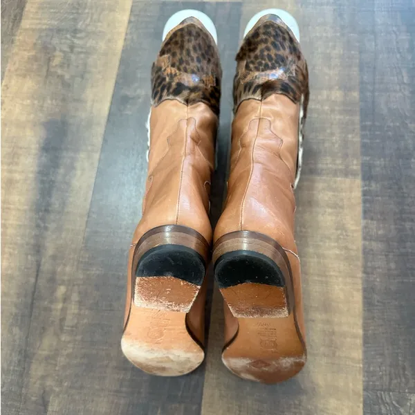 Donna Carolina Leather Patchwork Cowboy Boots Tan Animal Print EU 36.5 - Image 8