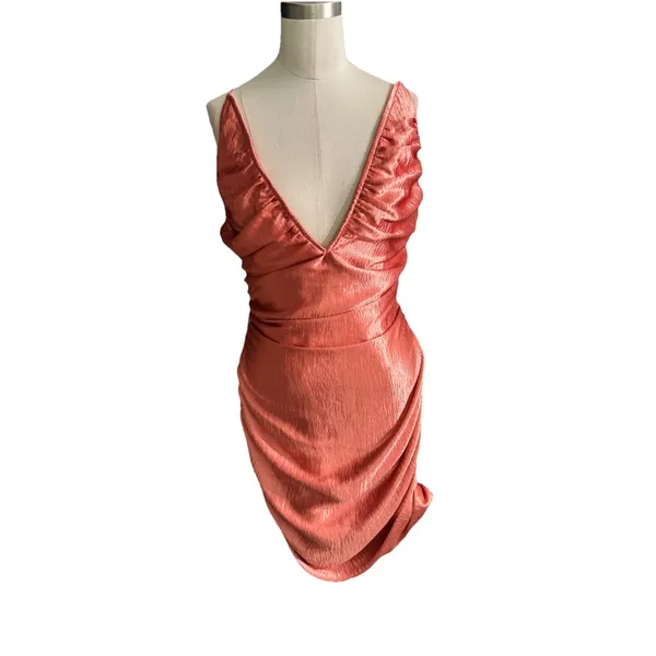LUCY IN THE SKY Metallic Copper Plunge Ruched Mini Dress Size L Party Cocktail - Image 14