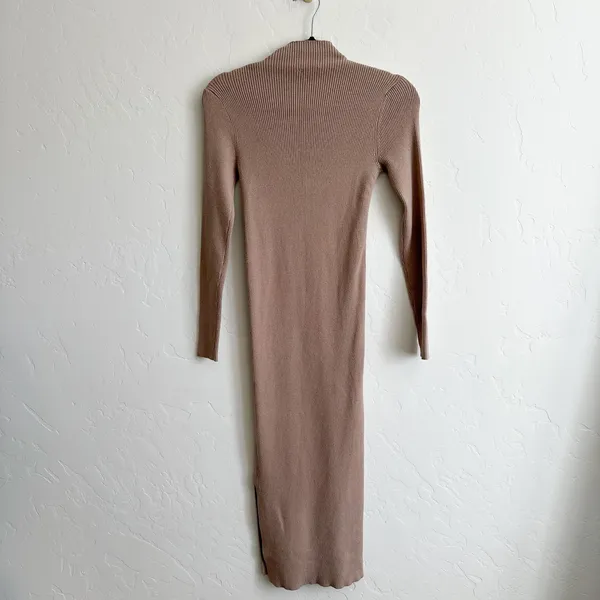 Denim‎ Forum | Aritzia Ribbed Knit Mock Neck Midi Bodycon Dress in Tan Size Med - Image 5
