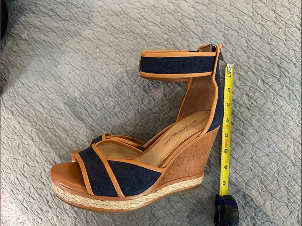 ANTONIO MELANI Navy and Tan Ankle-Strap Block Heels - Image 3