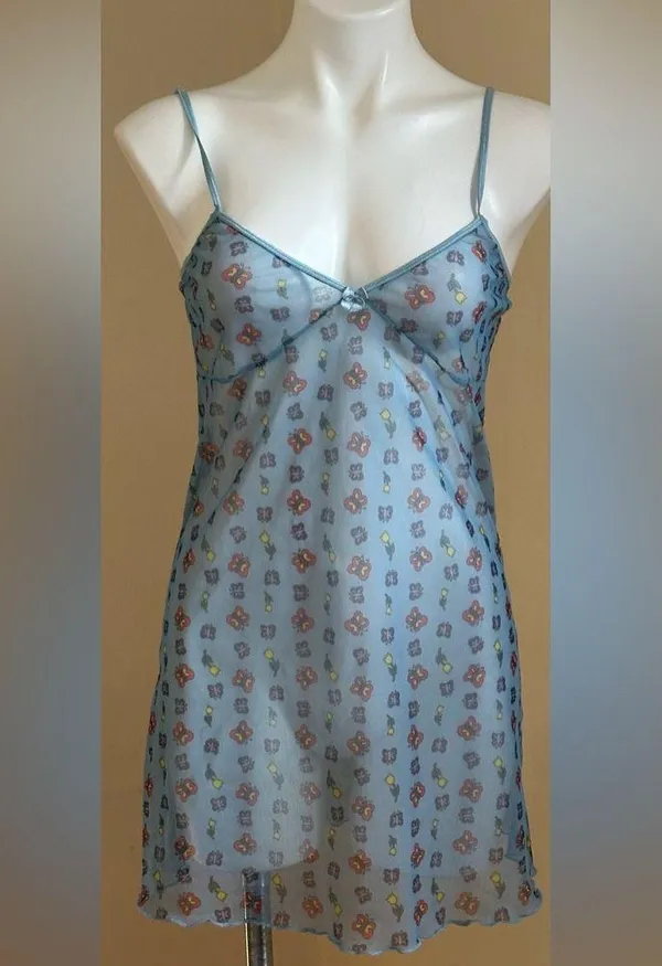 Peeping Tom Sheer Blue Floral & Butterfly Intimate Nightgown Elastic Straps Sz S - Image 8