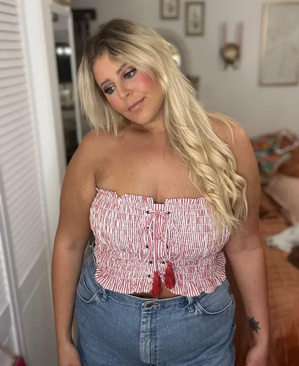 American Eagle Outfitters Red and White Ruffle Tube Top with Lace Up Detailing - Image 2