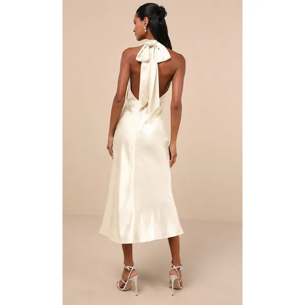 Lulus Exceptional Status Midi Dress Womens Medium Cream Halter Backless Slip NWT - Image 2