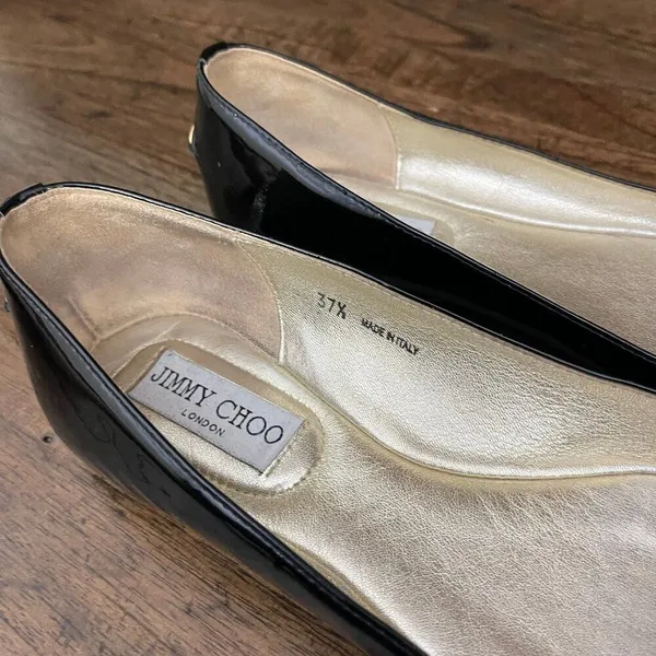 Jimmy Choo Black Patent Leather Silver Glitter Toe Ballet Flat Size 37.5 - Image 6