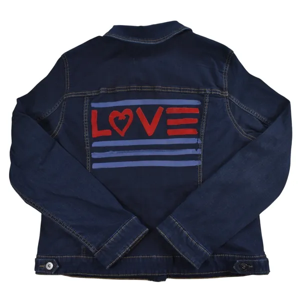EV1 Ellen DeGeneres Womens Dark Wash LOVE Graphic Denim Jacket Blue Trucker - Image 2