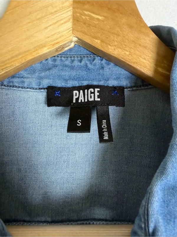 PAIGE Women’s Chambray Denim Boho Shirt Dress Drawstring Waist Pockets Blue Sz S - Image 3
