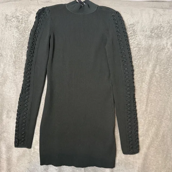 White House | Black Market Ribbed Knit Bodycon Mini Dress Womens XS Green Mock Neck Cut Out Sleeve - Image 3