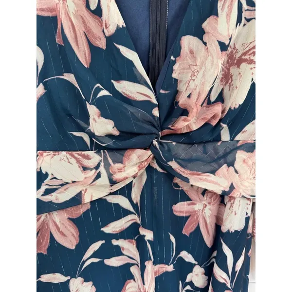 Lulus Mini Dress M Navy Floral Metallic Sheer Long Sleeve Twisted Front V-Neck - Image 6