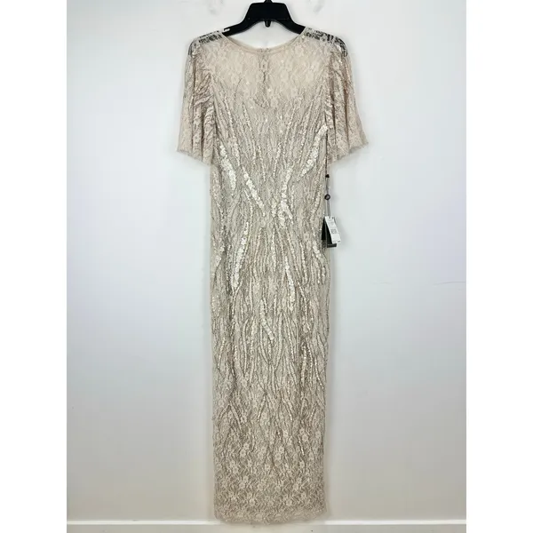 Adrianna Papell Beaded Flutter Sleeve Gown Long Biscotti Beige Formal US 4 NWT - Image 5