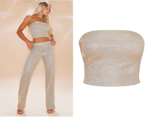 Pretty Little Thing Gold Glitter Bandeau Crop Top NWT - Image 2