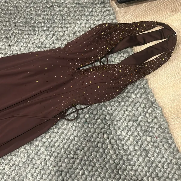 Cum Cum by Niki Livas Brown Satin Beaded Maxi Party Dress - Image 13