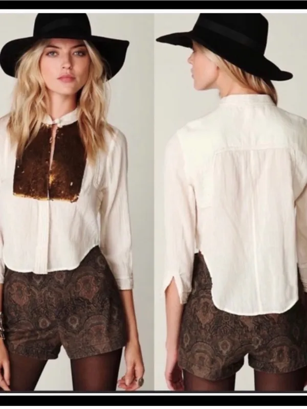 Romantic Boho Blouse Gold Embroidered Bib Front Top Cottagecore Peasant - Image 2