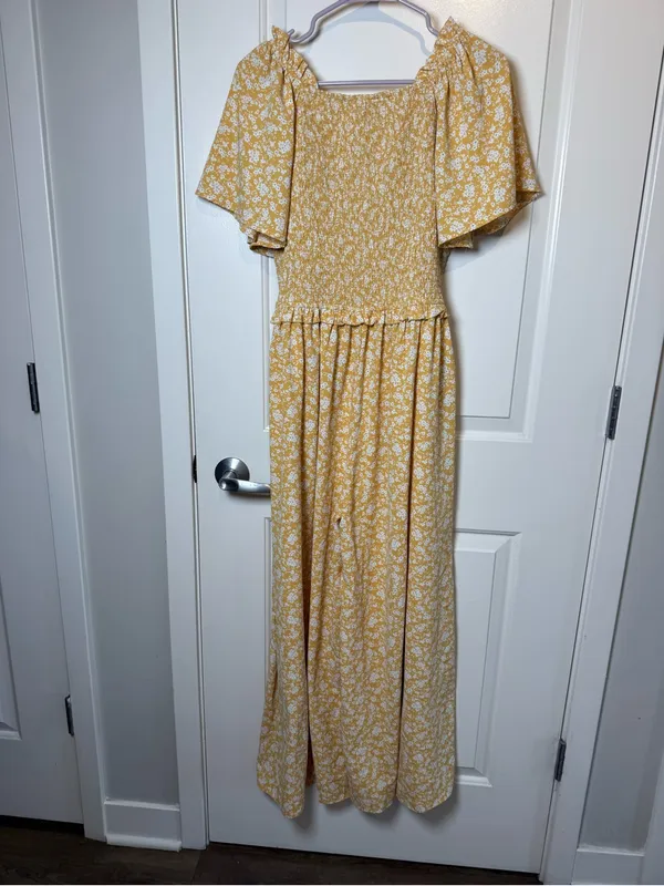 Smocked Bodice Wide-Leg Jumpsuit in Mustard Floral - Image 5