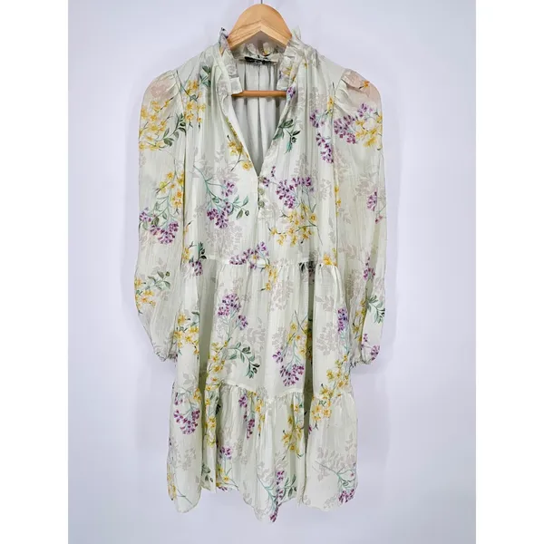 Taylor Floral Tiered Smock Dress Small‎ Cream Yellow Purple Lyocell Coquette NWT - Image 12