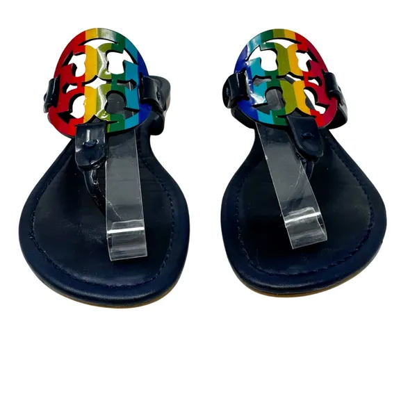 TORY BURCH Navy Blue Rainbow Stripe Miller Logo Patent Leather Sandals Size 7 - Image 2