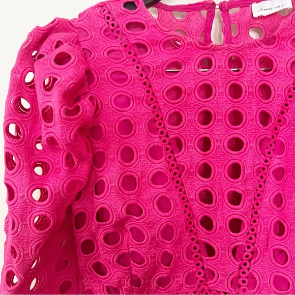 Lovers + Friends Hot Pink Puff Sleeve Peplum Top Cut Out Eyelet Size Small - Image 6