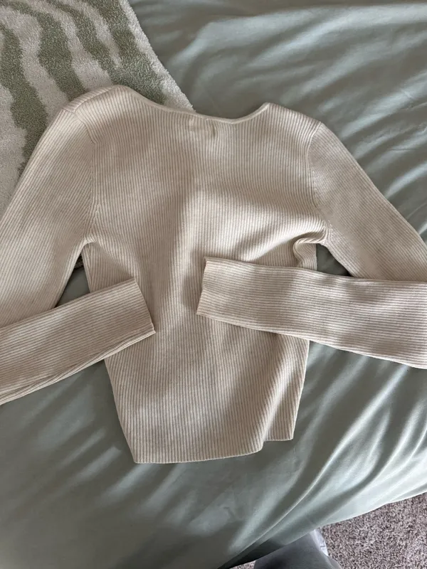 Aerie Ivory Ribbed Knit Tie Front Pullover Sweater Bow Accent Stretch S - Image 4