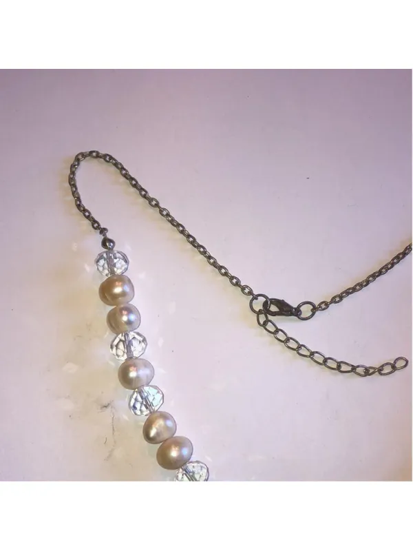 Silver Tone Genuine Pearls & Clear AB Beaded Boho Heart Pendant Necklace - Image 3
