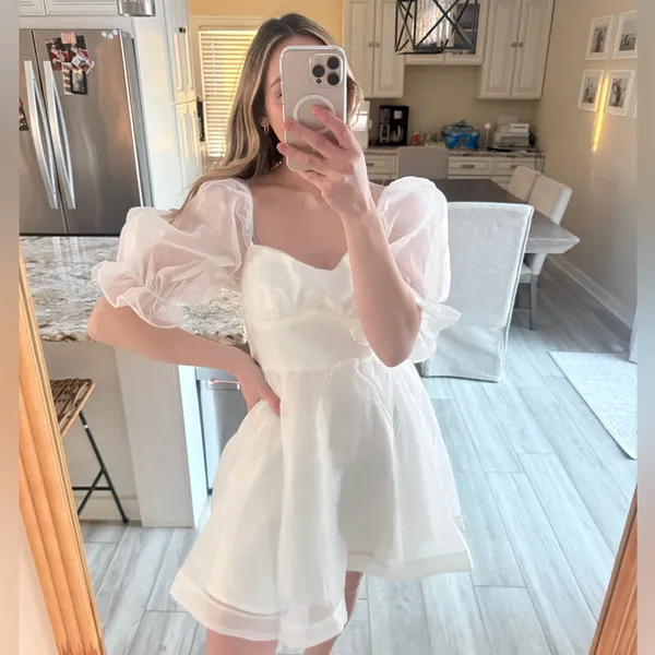 Selfie Leslie White Puff Sleeve Mini Dress Size Large AU 12 - Image 2