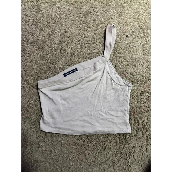 Brandy Melville Womens One Shoulder Crop Top Beige‎ Ribbed Asymmetrical Tank OS - Image 2