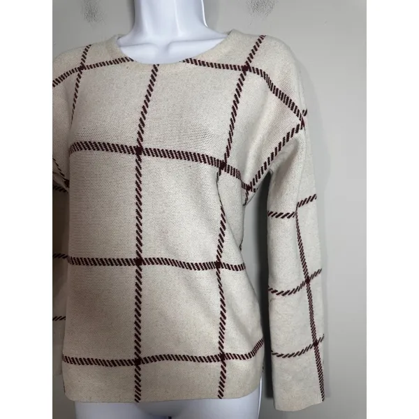 Maje‎ Mademoiselle Bordeaux Windowpane Wool Blend Sweater Cream Burgundy Size 1 - Image 2